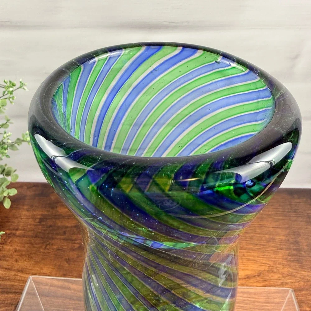 Italian Art Glass Vase Blue Green Striped Blown Glass Murano Mid Century